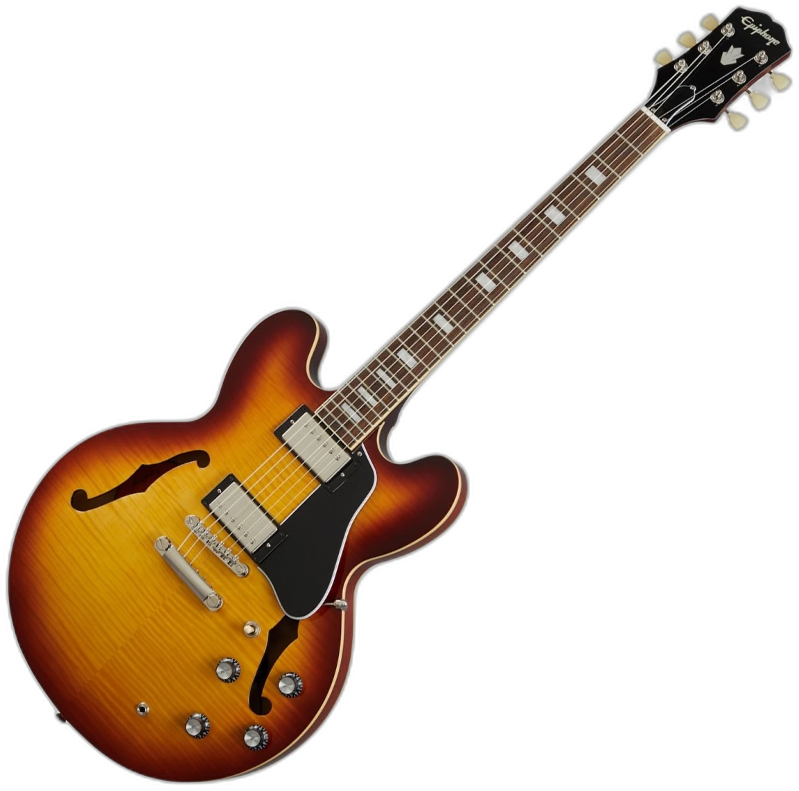 Epiphone Inspired by Gibson ES-335 Figured Semi-Hollow in Tea Burst in ES-335 Semi-Hollow Raspberry