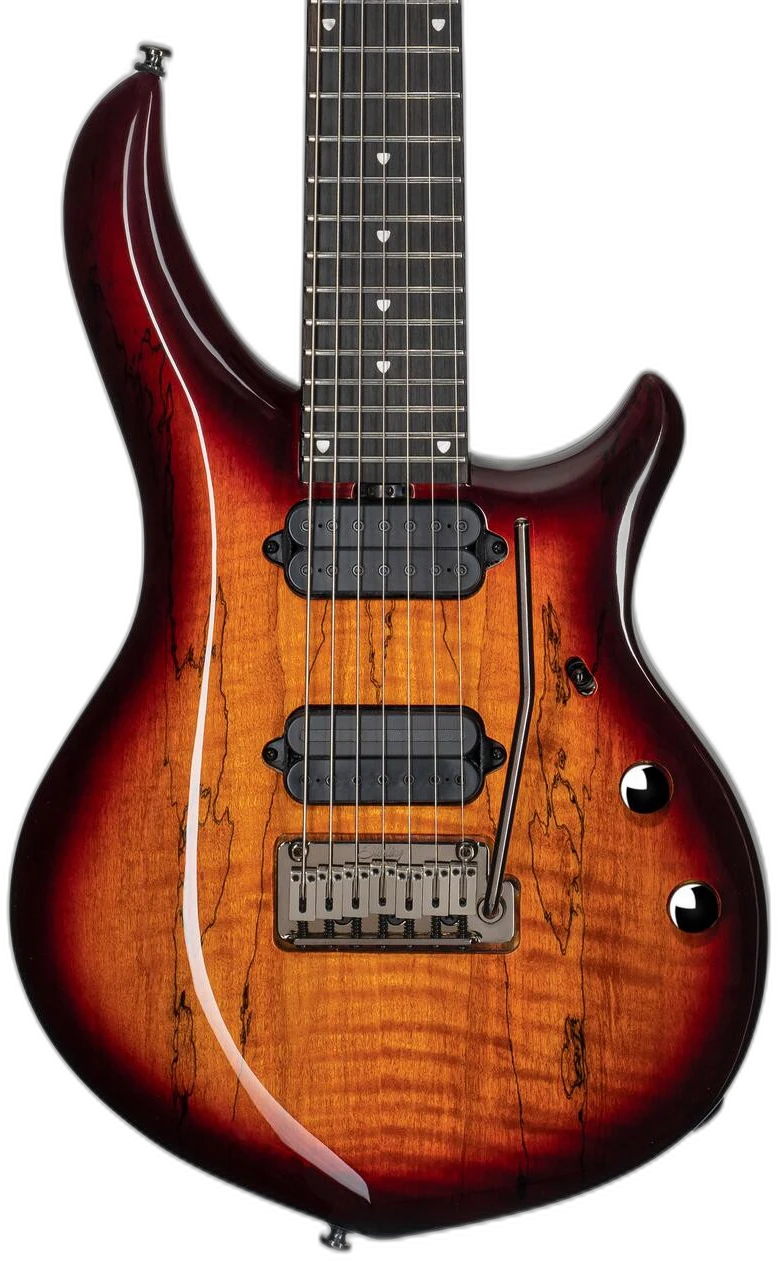 Sterling by Music Man Majesty MAJ270X 7-String in Spalted Maple Burst in 7-String Blood Orange